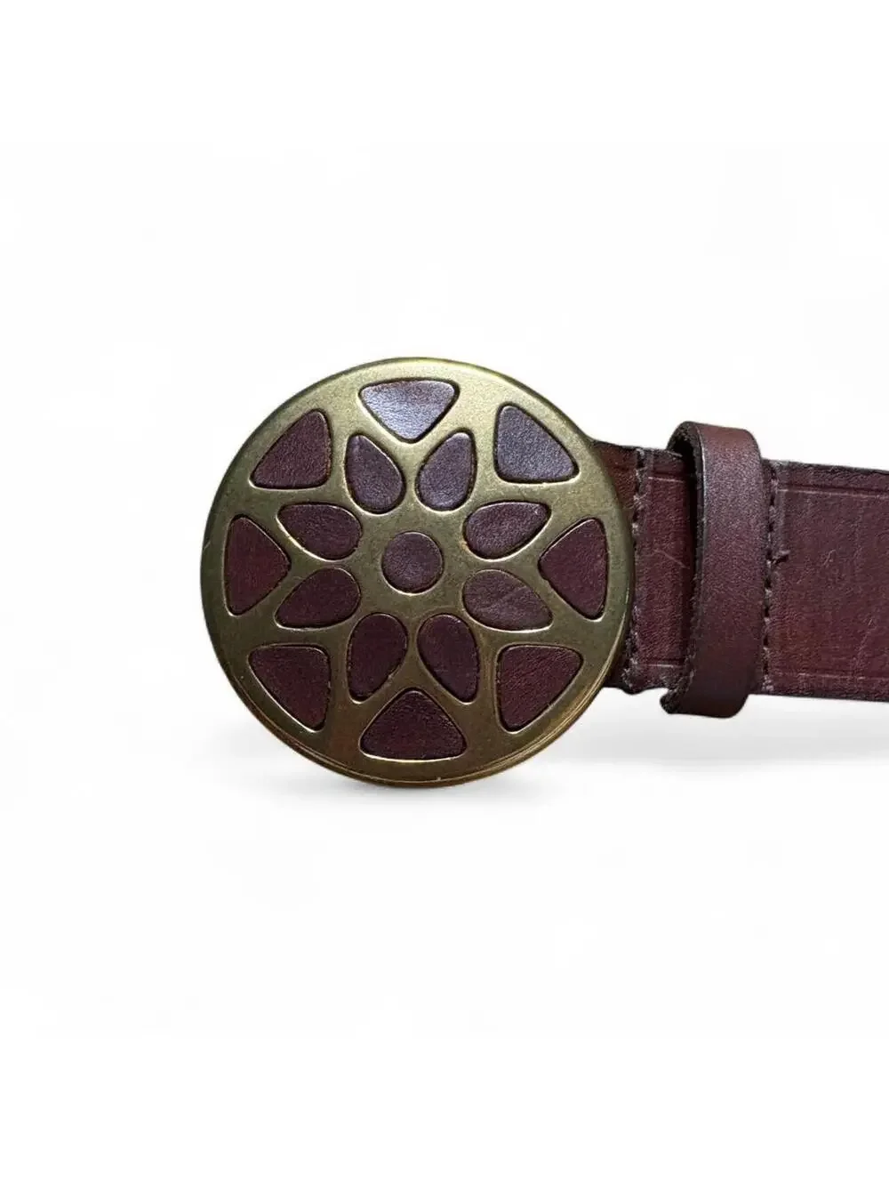 Boho vintage 90s western indie brown leather belt with round ornate brass buckle